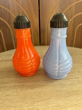 Vintage MCM Fire King Orange and Blue Decorative Glass Salt & Pepper Shakers